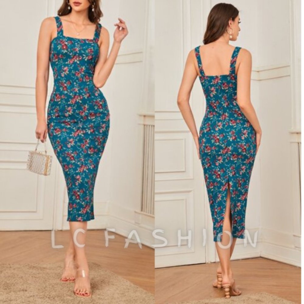 Boho floral Cami Tank dress, Floral Print Split Hem Cami Dress, summer dress